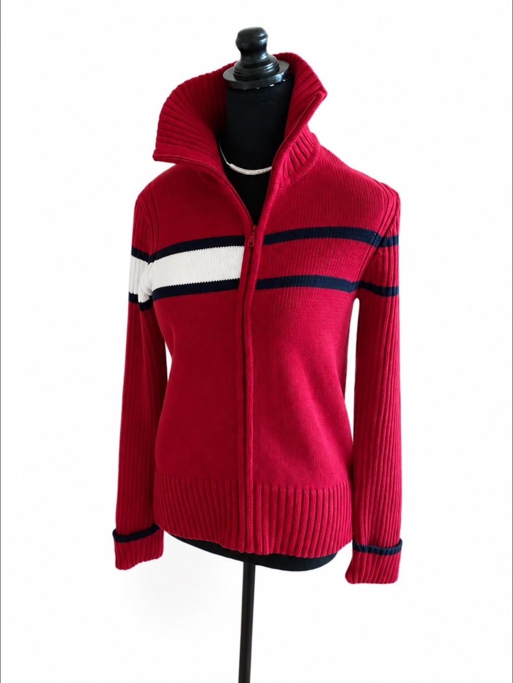 Tommy Hilfiger Red Striped Full-Zip Mock Neck Sweater Size M